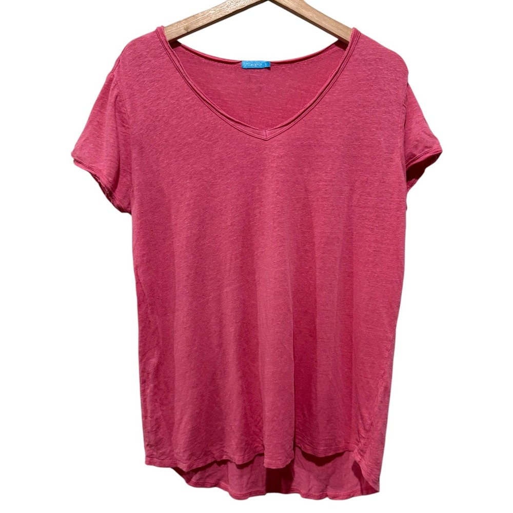 J. McLaughlin Pink Linen Blend Tee Shirt Sz L V-Neck Short Sleeve High-Low